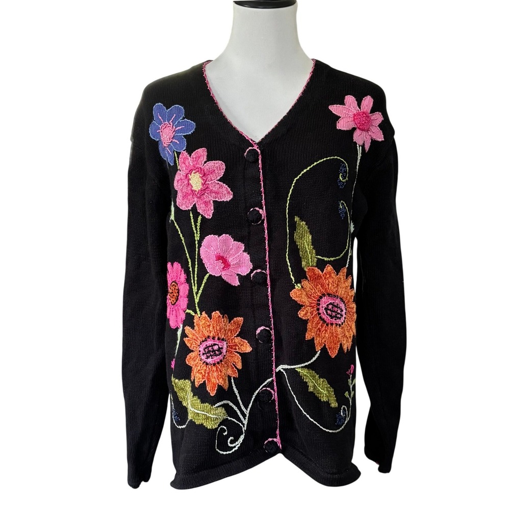 Vintage Storybook Knits Wildflower Cardigan Sweater Size M Black Pink Whimsygoth